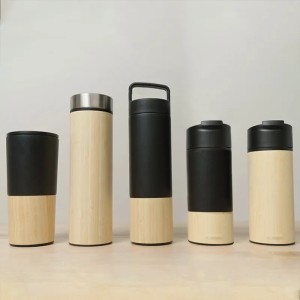 sale 304 stainless steel bamboo tea water bottle flask wide mouth coffee cup bamboo tumblers with tea infuser bamboo thermos