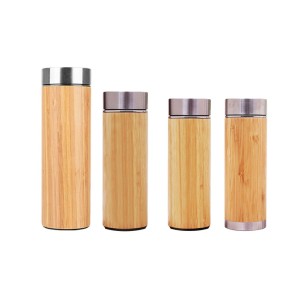 Wholesale double wall stainless steel bamboo water bottle, bamboo thermos